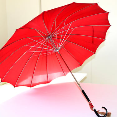 1950s Candy Apple Red Vintage Umbrella - Twisted Acrylic Handle with Fringe 
