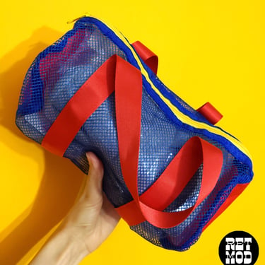 Cute Tiny Vintage 80s Primary Color Block Netted Duffel Bag 