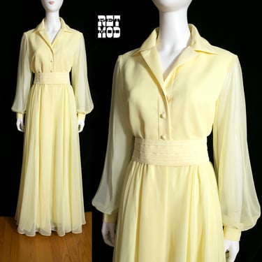 Beautiful Vintage 60s 70s Pastel Yellow Maxi Dress with Long Sheer Sleeves 