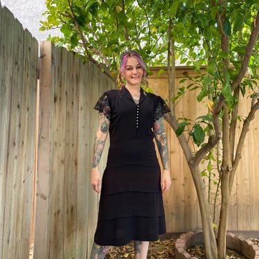 Vintage 1940’s Black Dress with Lace Sleeves 