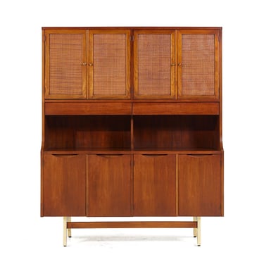 American of Martinsville Mid Century Walnut, Cane and Brass Credenza and Hutch - mcm 
