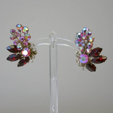 1950s Pink and Red AB Rhinestone Clip Earrings 