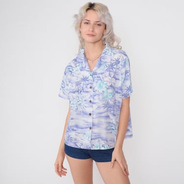 Purple Hawaiian Shirt 90s Tropical Button Up Blouse Hibiscus Flower Aloha Print Vacation Short Sleeve Top Palm Tree Vintage 1990s Medium M 