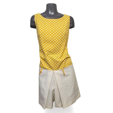 1960s Vintage Playmate Mod Romper, Yellow Polka Dot Drop Waist Top, Cotton Twill Shorts, Twiggy Laugh-In Go-Go, 1970s One Piece Jumpsuit 