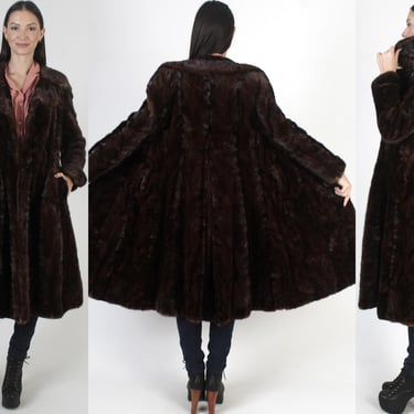 Full Length Brown Mink Coat, Long Fur Back Collar, Vintage 80s Winter Jacket, Womens Princess Fit 