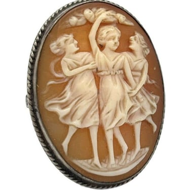 Grecian Revival Art Deco Sterling Silver "Three Muses" Cameo Ring 