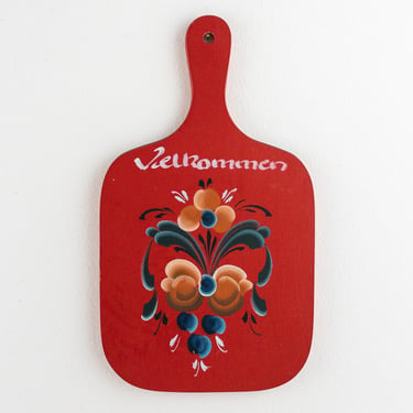 Scandinavian Rosemaling Folk Art Wooden Board Paddle, Norwegian Velkommen Red Welcome Sign, Vintage Wall Decor 