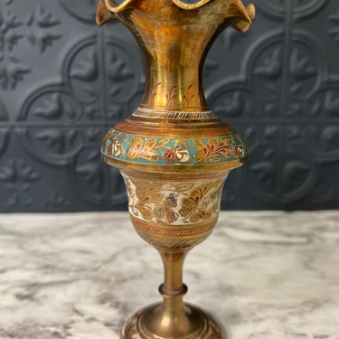 Brass and Enamel Etched Vase Small