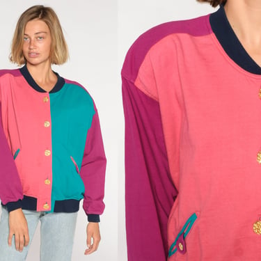 Color Block Cardigan 90s Button Up Sweatshirt Retro Jacket Hipster Pink Purple Green Streetwear Vintage 1990s Cotton Oversize Medium M 