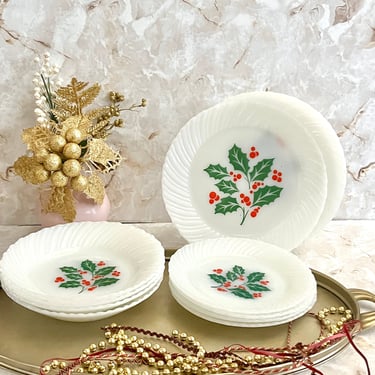 Holiday Dishware, Holly Berries, Milk Glass, Set 4, Bowls, Salad Plates, Dinner Plates, Vintage 50s 60s, Mid Century Home 