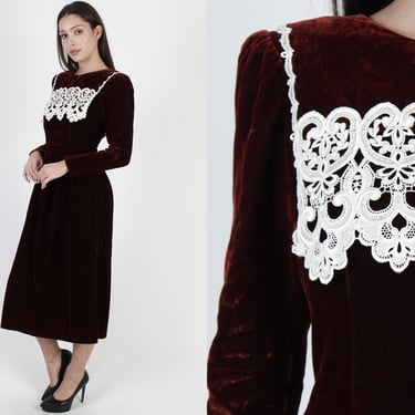Vintage Gunne Sax Burgundy Velvet Dress, Jessica McClintock Victorian Goth Crochet Detailed Dress Size 7/8 