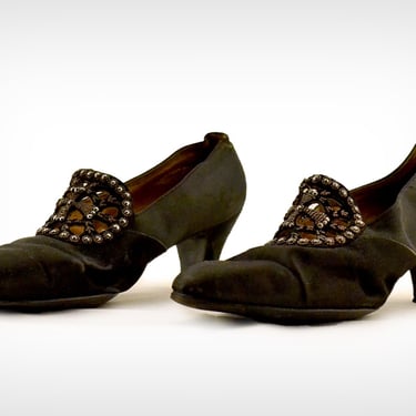 1800s Shoes // Victorian Black Silk Satin Heels w/ Cut Steel Beads // US 5 / UK 2.5 / EUR 35 