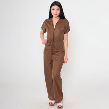 Vintage 70s Wide Leg Jumpsuit Brown Boho One Piece Zip Up Utility Bohemian High Waist 1970s Short Sleeve Pants Outfit Extra Small xs 