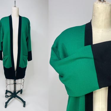 1980s Kelly Green & Black Color Block Long Oversized 100% Wool Cardigan by Anne Klein II Medium | Vintage, Holiday, St. Patricks, Christmas 