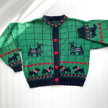 cottagecore sweater 80s vintage green scotty dog scottish terrier cardigan 