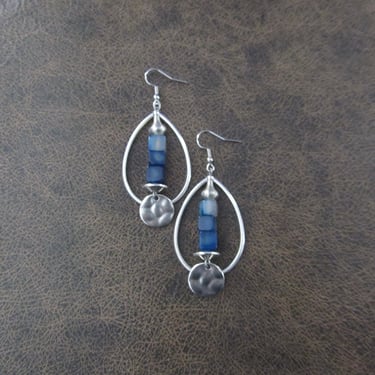 Silver teardrop hoop and blue stone earrings 