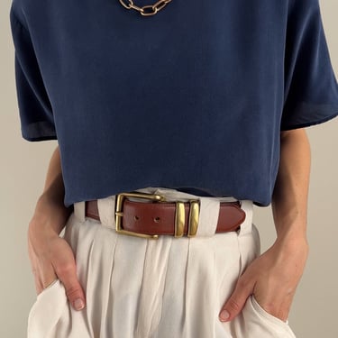 Vintage Navy Silk Petite Short Sleeve Blouse
