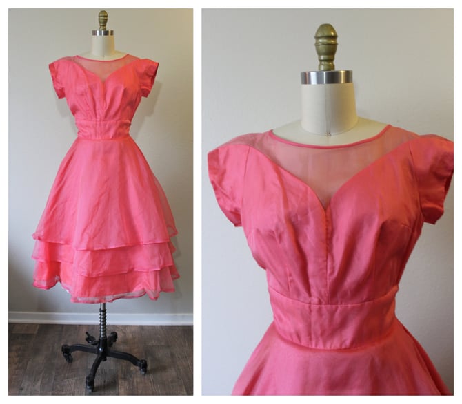 Vintage 50s 1960s NOS unworn Sears Kerrybrooke Pink SILK Organza Party Prom Dress  // Modern Size 2 4 xs Small 