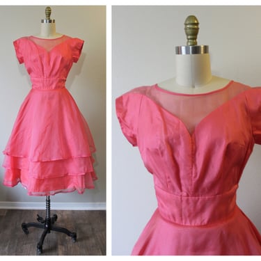 Vintage 50s 1960s NOS unworn Sears Kerrybrooke Pink SILK Organza Party Prom Dress  // Modern Size 2 4 xs Small 