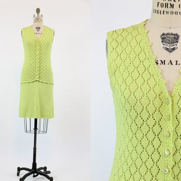 1970s St John Knits chartruese dress | vintage crochet knit sweater dress | small 