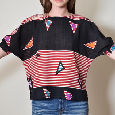 Vintage 1980s Graphic Woven GEOMETRIC Red + White STRIPED Dolman Sleeve BOXY Resort  Blouse 