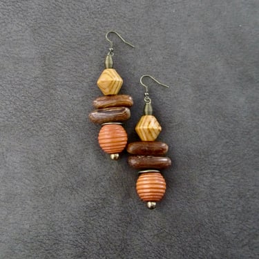 Earth toned unique wooden earrings, orange 