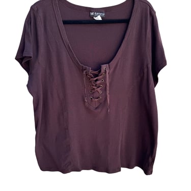 Self Esteem Vintage Y2K Brown Lace-Up Scoop V-Neck Cotton Womens Shirt Top 22/24
