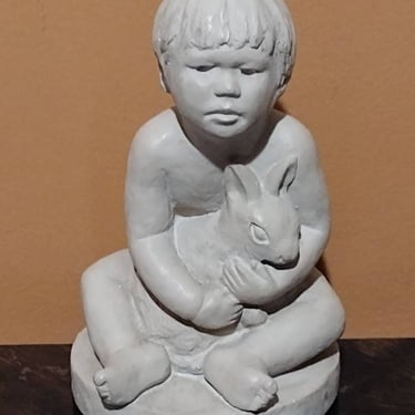Vintage 1982 Sculpted Treasures Ceramic Art Boy Holding Bunny Rabbit Sculpture 6