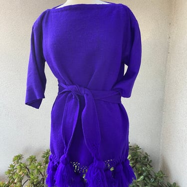 Vintage boho Mexican woven cotton purple tunic or mini dress tassels with belt size sz medium 
