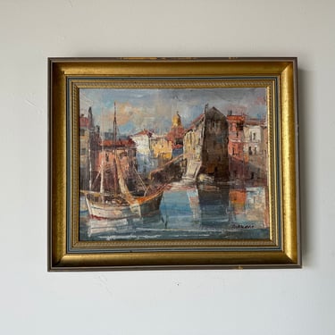 1970's Vintage Fish Harbor of St. Tropez Oil On Canvas Painting, Signed 