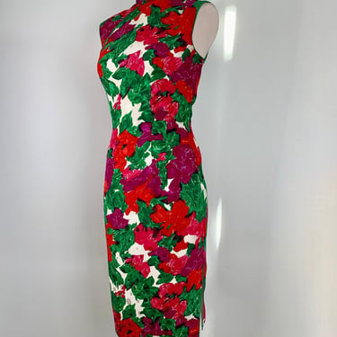 Vintage Cheongsam Dress - Silk Jacquard Floral in Vivid Colors - Silk Lined - Hand Sewn Details - Metal Side Zipper - Size Medium 