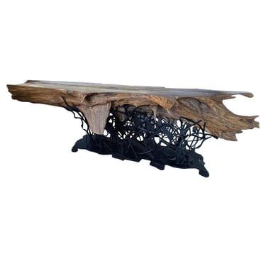 Majestic Cypress Tree Log Console with Sculptural Steel Base. Labeled PMC #35.