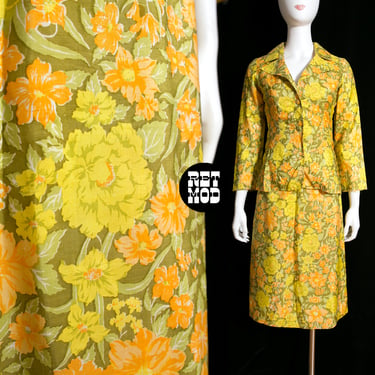 Lovely Vintage 60s 70s Light Yellow Green Orange Floral 2-Piece Jacket Skirt Set 