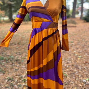1970s Poly Jersey Knit Abstract Sunrise Tones Lined Maxi Dress 