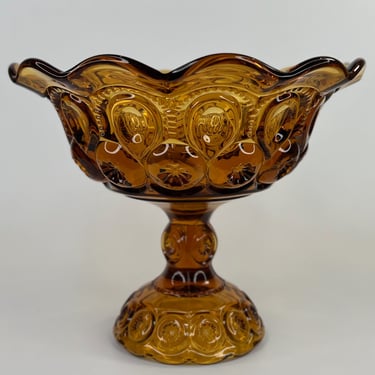 Beautiful Amber Moon and Stars Footed Pedestal Compote by LE Smith with Scalloped Edge, Stands 8.5 Inches 