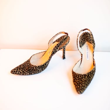 Vintage Manolo Blahnik Y2K Fuzzy Leopard Slingback Heels Pumps Pointy Toe sz 39.5 8.5 Brown Black Cheetah 