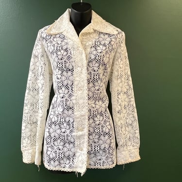 1960s white lace blouse vintage lacy button down XL 