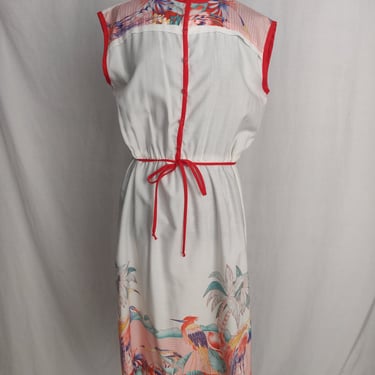 Vintage 70s 80s Tropical White Summer Dress // Floral Red Pink Sleeveless Button-Up 