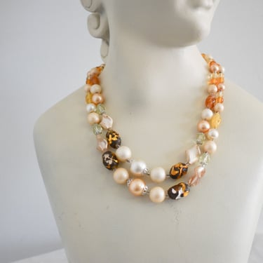 1950s/60s Faux Pearl and Glass Bead Double Strand Necklace 