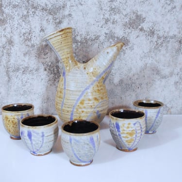 Modernist Studio Pottery Wine Jug and Cups - Abstract Sake Carafe 