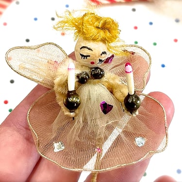 VINTAGE: Old Mercury Beaded Felt Angel Ornament - Spun Cotton Angel - Craft - Made in Japan - Holiday, Christmas, Xmas 