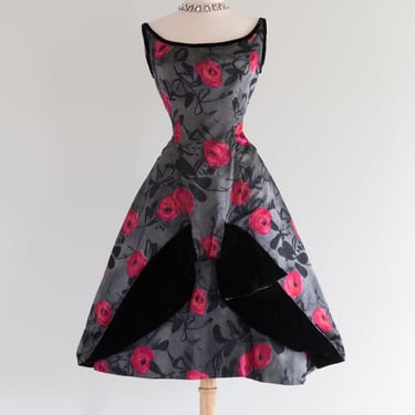 Divine 1950's Silk Couture Rose Print Cocktail Dress / Small
