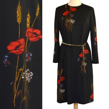 Vintage 60s Adele Simpson Poppy Print Rayon Jersey Dress, Size M Medium 