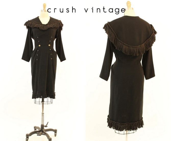 1950s fringe wiggle dress medium | vintage cape dress | new in 