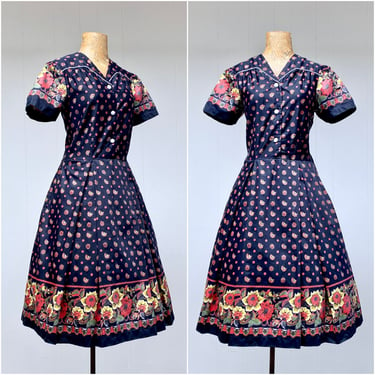 Vintage 1950s/1960s Cotton Floral Shirtwaist Dress, Mid-Century Short Sleeve Frock with Full Pleated Skirt, 36