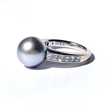 Mikimoto 18K White Gold 10mm Grey Akoya Pearl Diamond Ring Elements of Life Air 