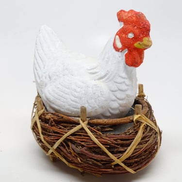 Antique German 1940's Chicken on Nest,  Vintage Hand Painted Composite Easter Hen in Twig Basket 