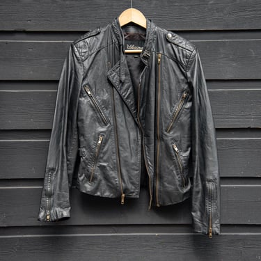 Vintage WILSONS Leather Jacket, Womens Small Medium 70s 80s Black Leather Motorcycle Jacket, Cafe Racer Riding Biker Jacket 