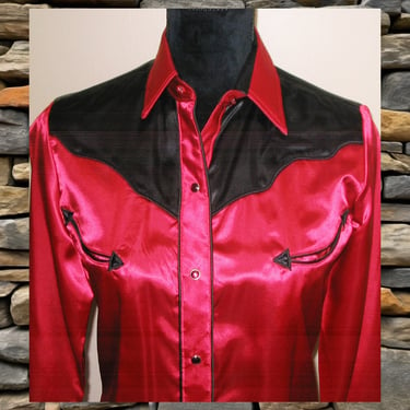 RESERVED FOR STACY!  Karman Women's Vintage Western Shirt, Shiny Red with Black Yokes & Smile Pockets, Approx. Medium (see meas. photo) 
