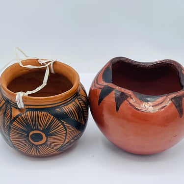 Pair of Vintage Red Clay Black Hand Painted Design Pottery Hanging Bowl Succulent Planters Mexico 
